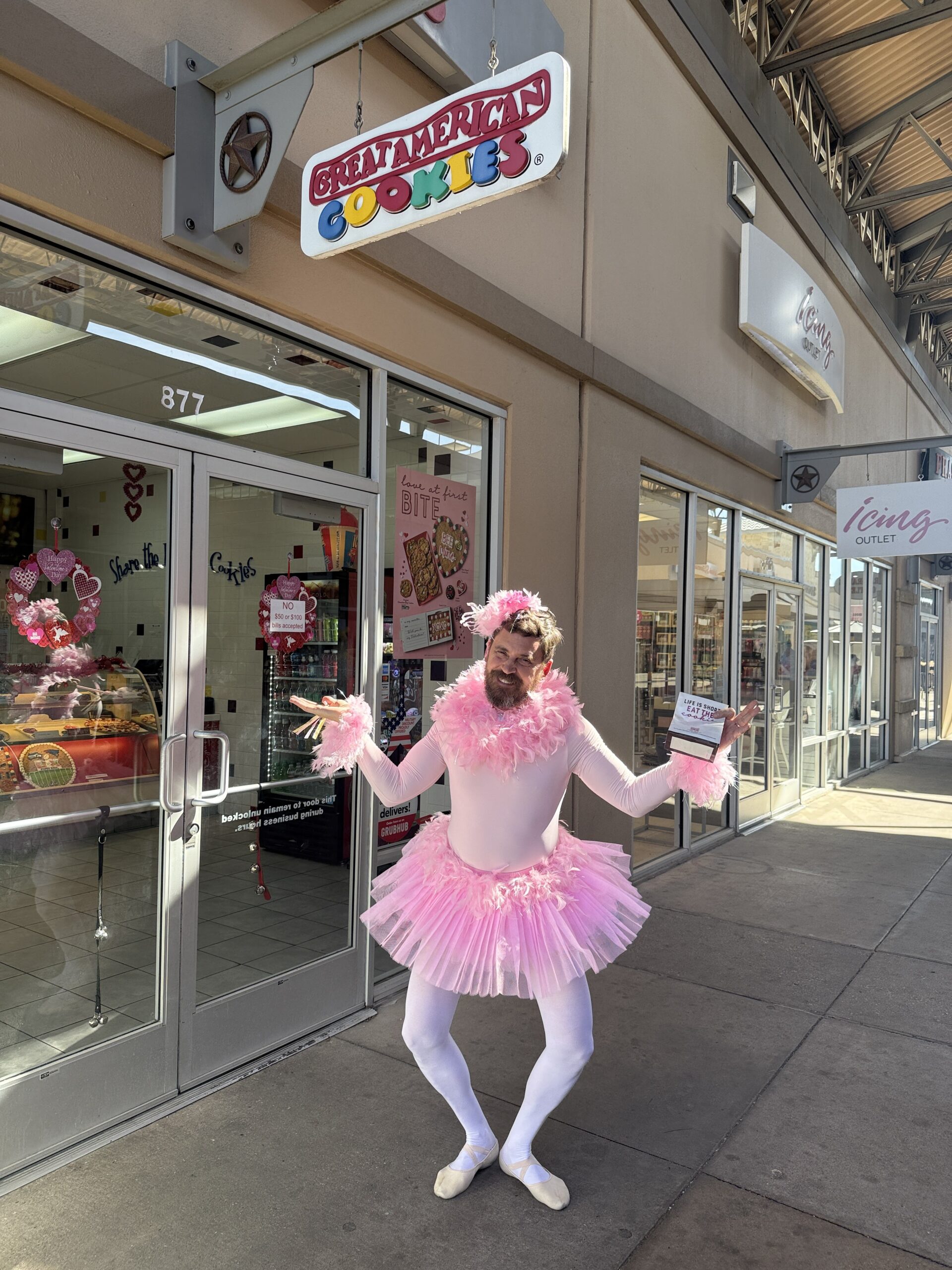 The Bearded Ballerina performing at Great American Cookies Round Rock TX