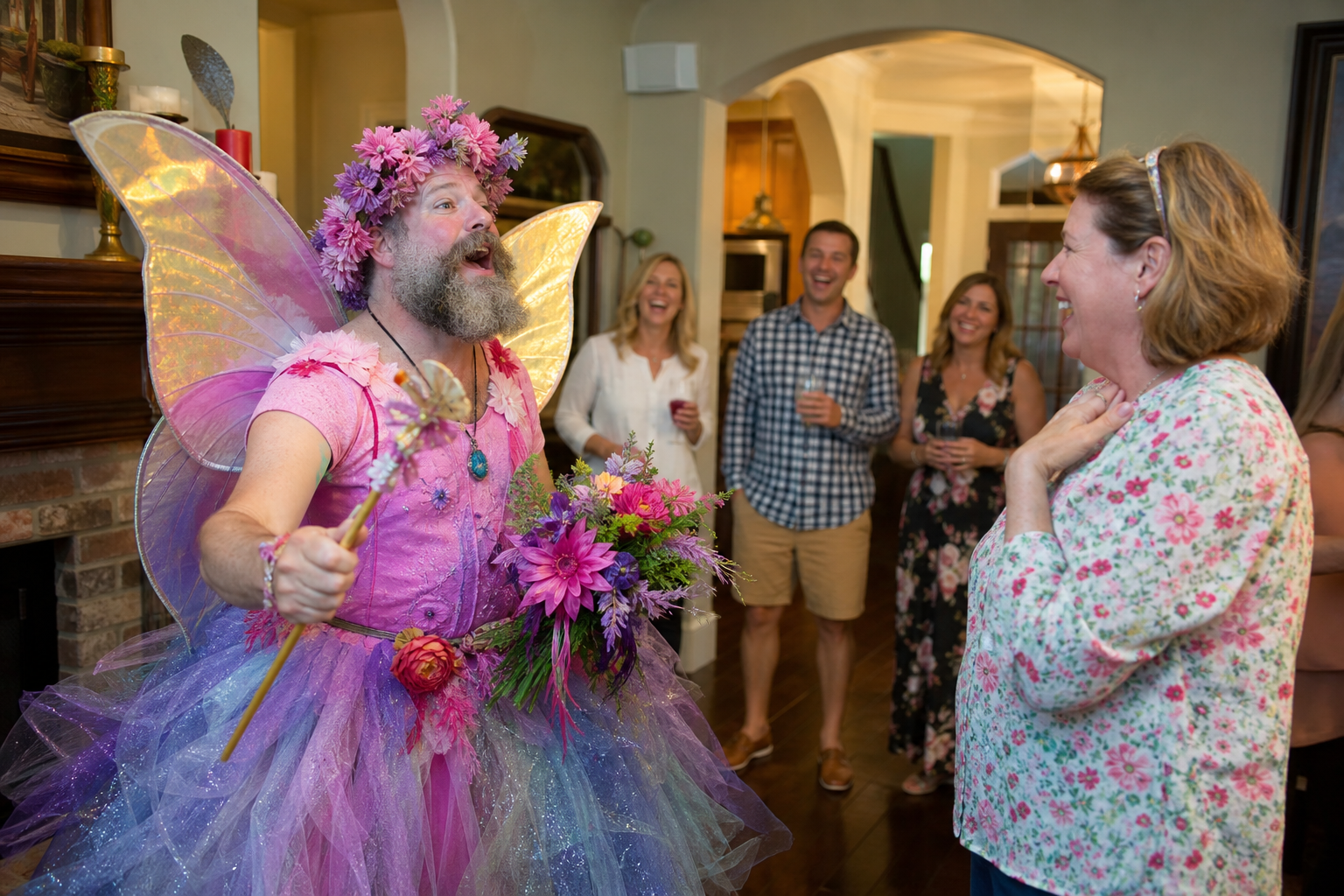 Hairy Fairy singing telegram performing at a Dallas Fort Worth home party Hairy Fairy singing telegram performing at a Dallas Fort Worth home party