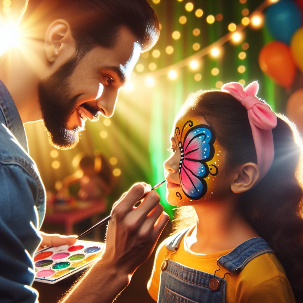 Professional face painter applying colorful butterfly design on a smiling young girl at a Dallas birthday party