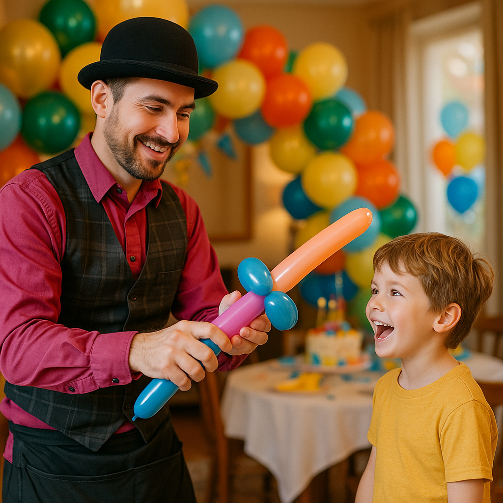 Balloon artist twisting balloon sword for child at Dallas birthday party