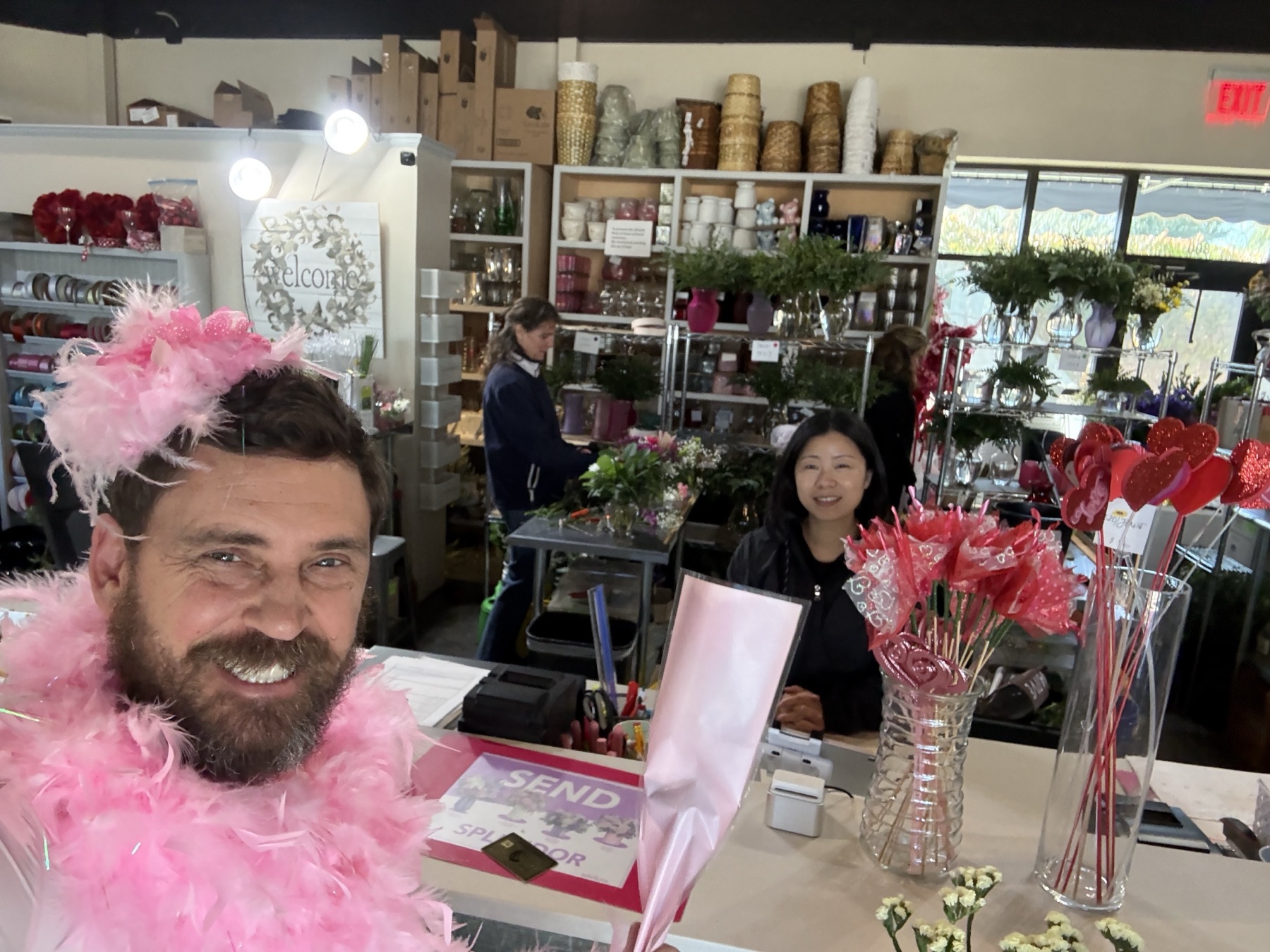 Bearded Ballerina flower shop singing telegram Dallas Fort Worth Bearded Ballerina picking up flowers for a singing telegram in Dallas Fort Worth
