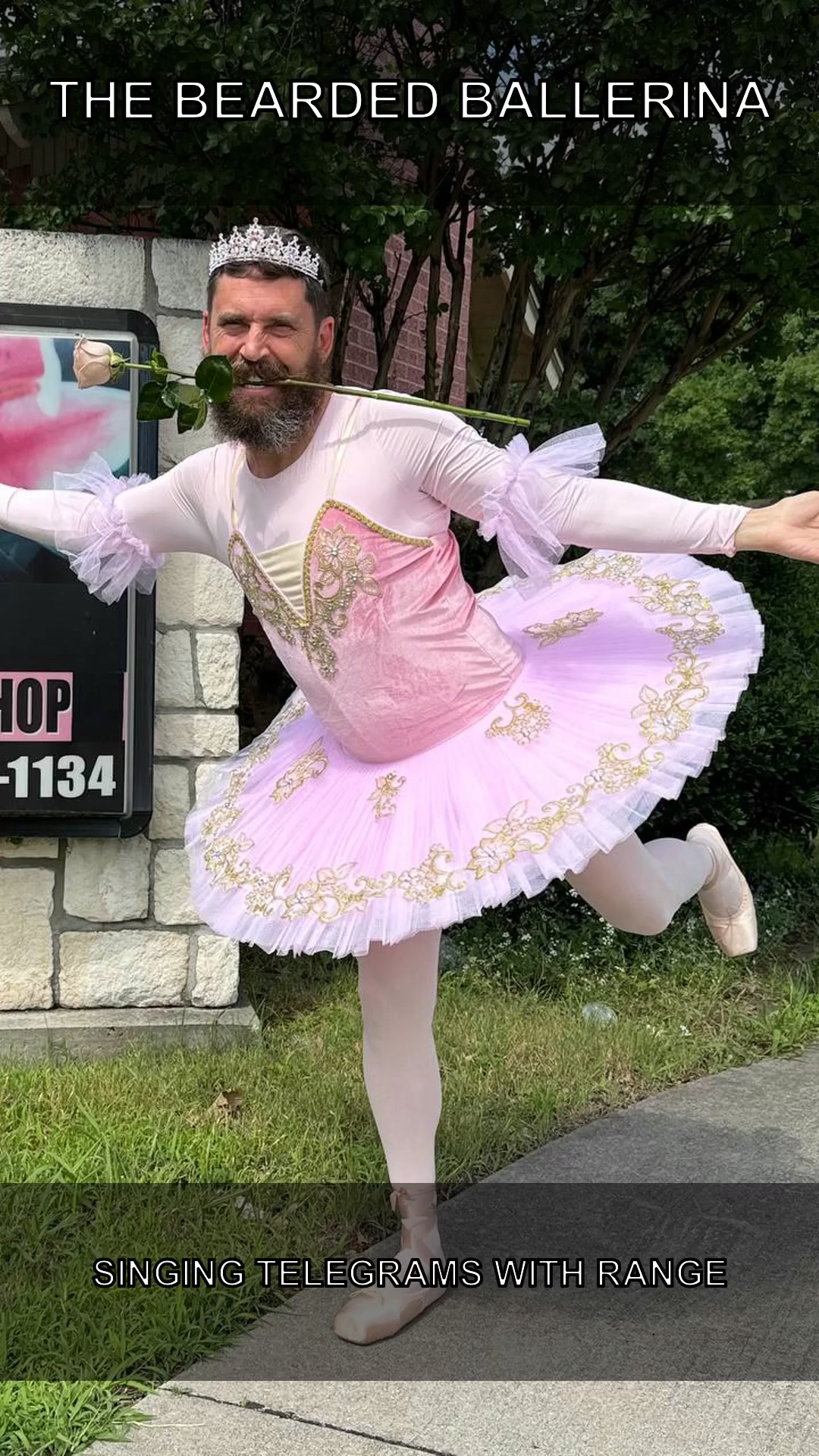 Bearded Ballerina Singing Telegram Fort Worth Pink Tutu Performer Bearded Ballerina singing telegram performer in pink tutu for Fort Worth events