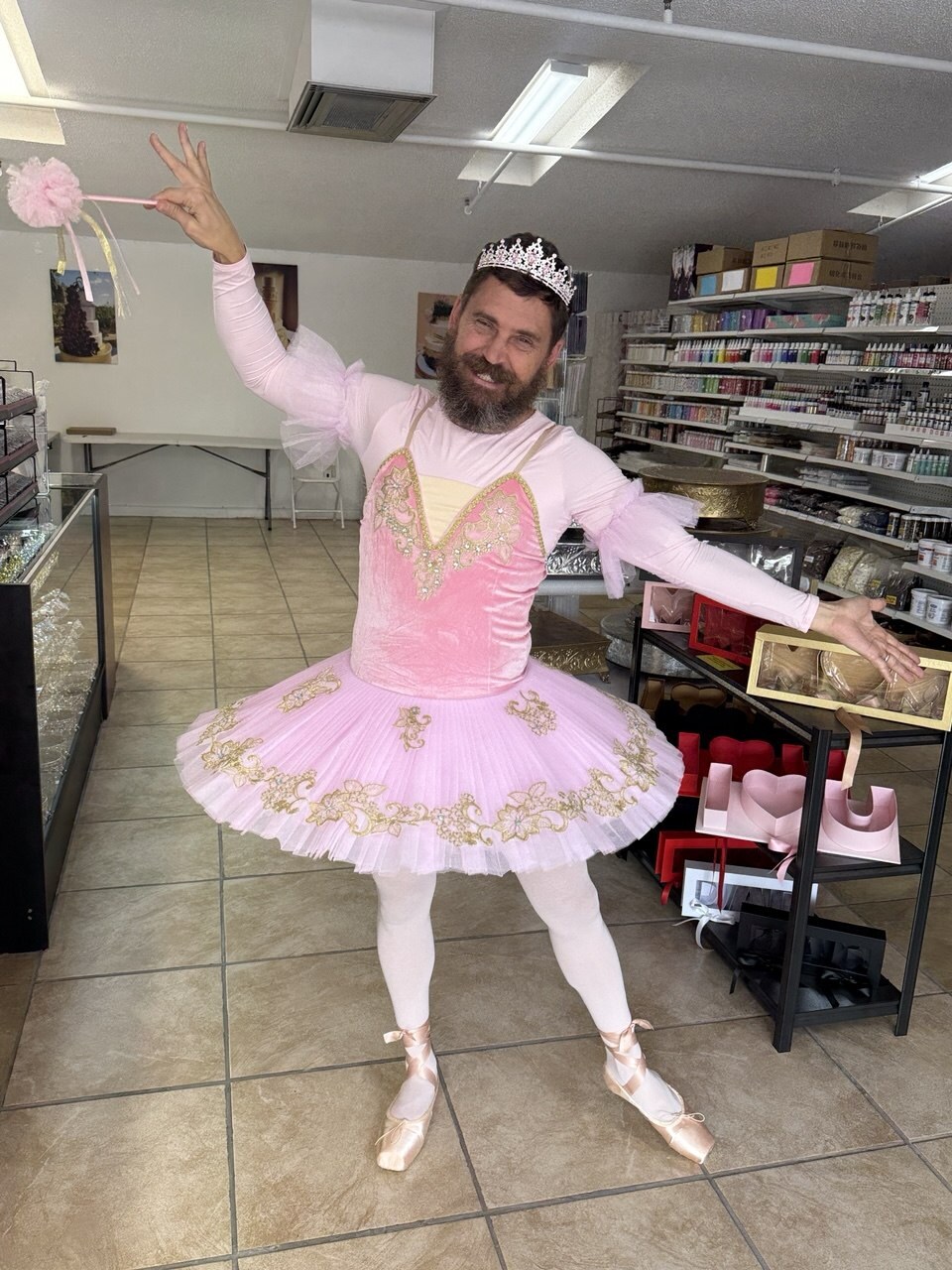 Mitch Allen as the Original Bearded Ballerina in full pink tutu costume for Dallas Fort Worth singing telegram entertainment