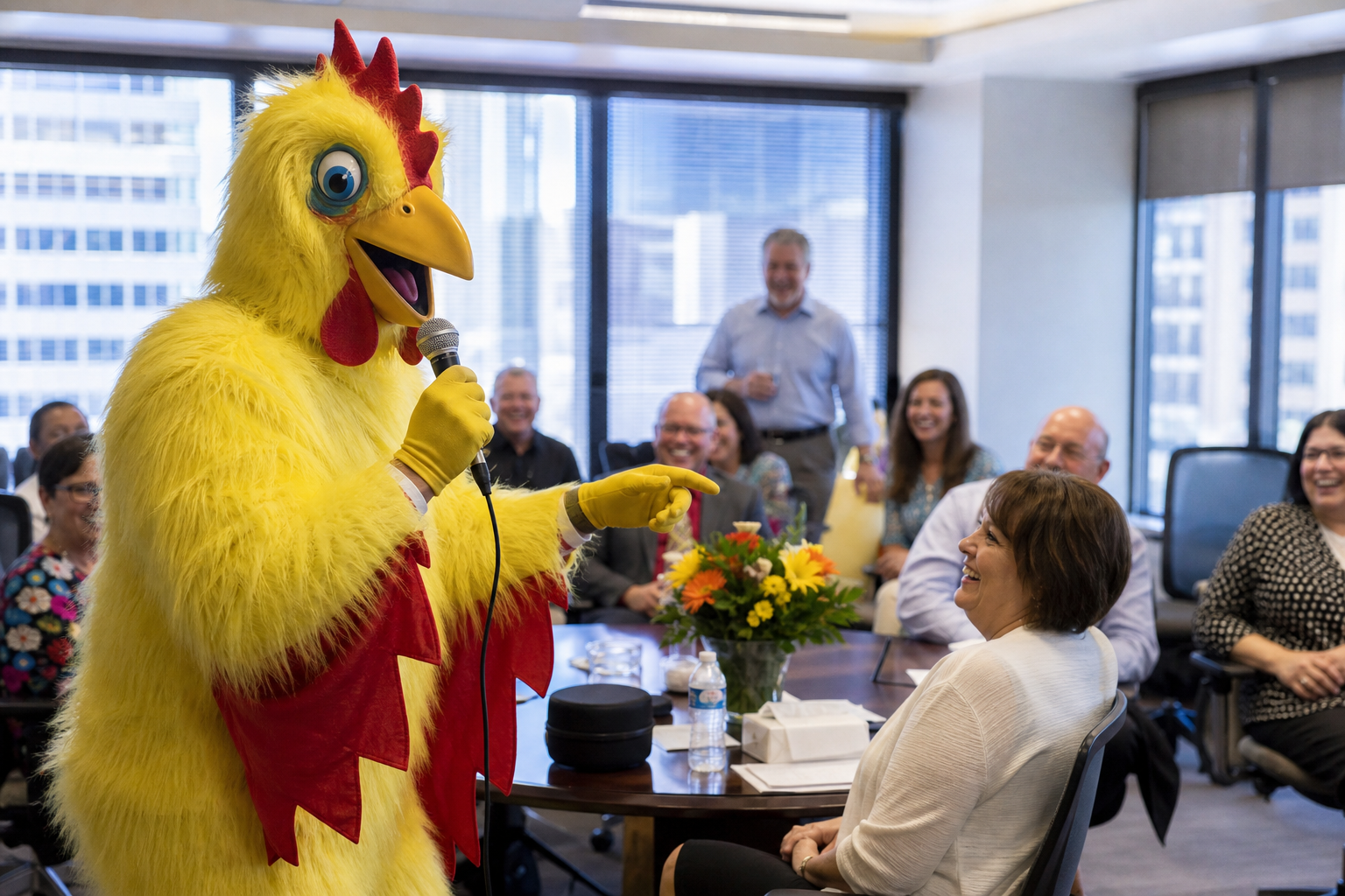 Chicken singing telegram performing at a Dallas Fort Worth office celebration Chicken singing telegram performing at a Dallas Fort Worth office celebration