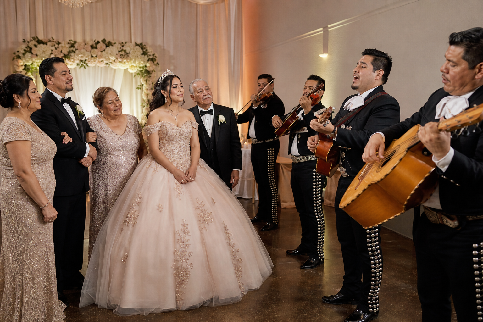 Mariachi band performing a Dallas Fort Worth quinceanera family tribute