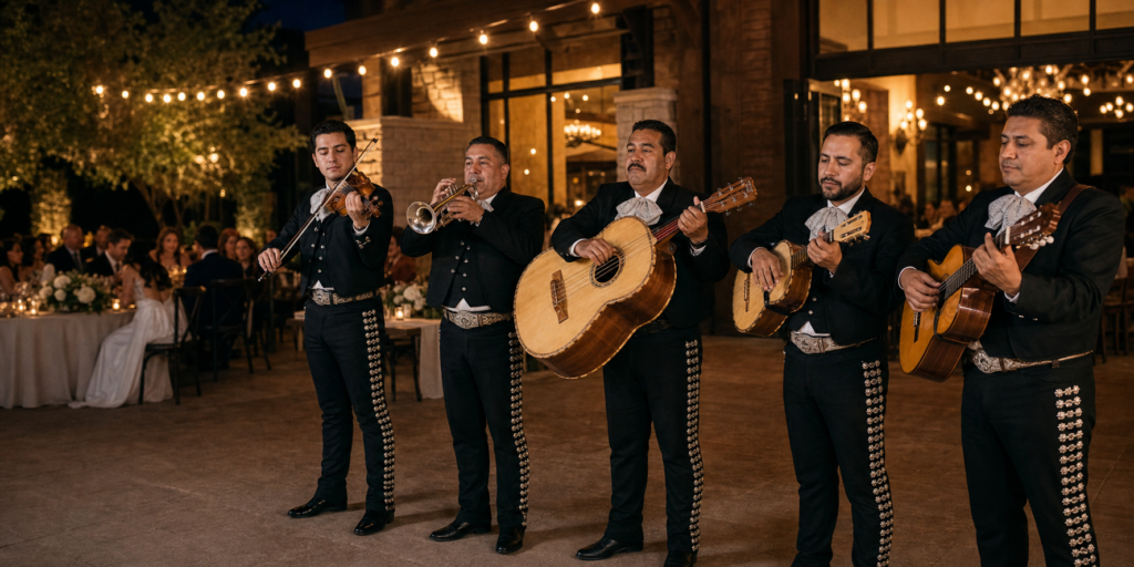 Mariachi band performing at Dallas Fort Worth wedding reception with bride and guests