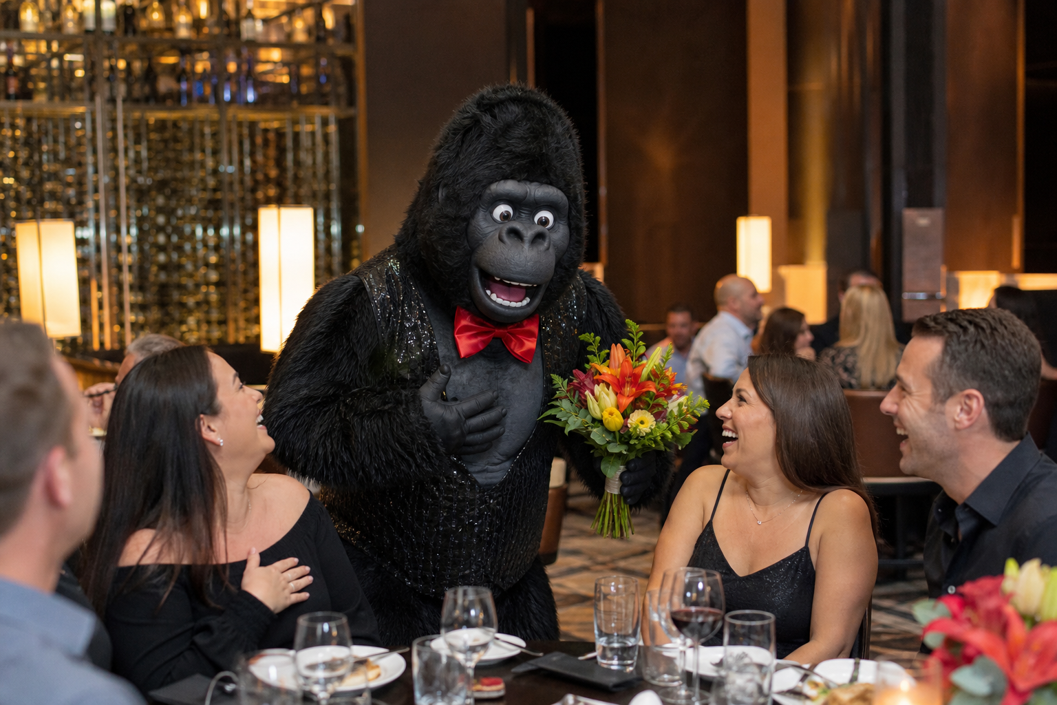 Gorilla birthday singing telegram at a Dallas Fort Worth restaurant